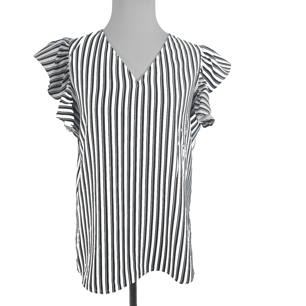Adrianna Papell Medium Gray White Striped Ruffle Sleeve V-neck Blouse Top